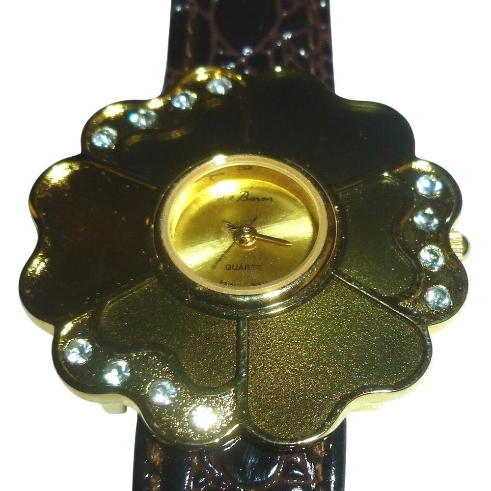Le‎ Baron Vintage Gold Flower Rhinestone Watch Brown Croco Leather Band Quartz